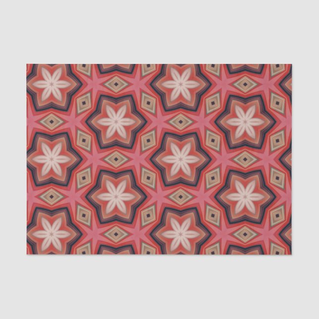 Geometric Kaleidoscopic White Flowers On Red  Tissue Paper (Front)