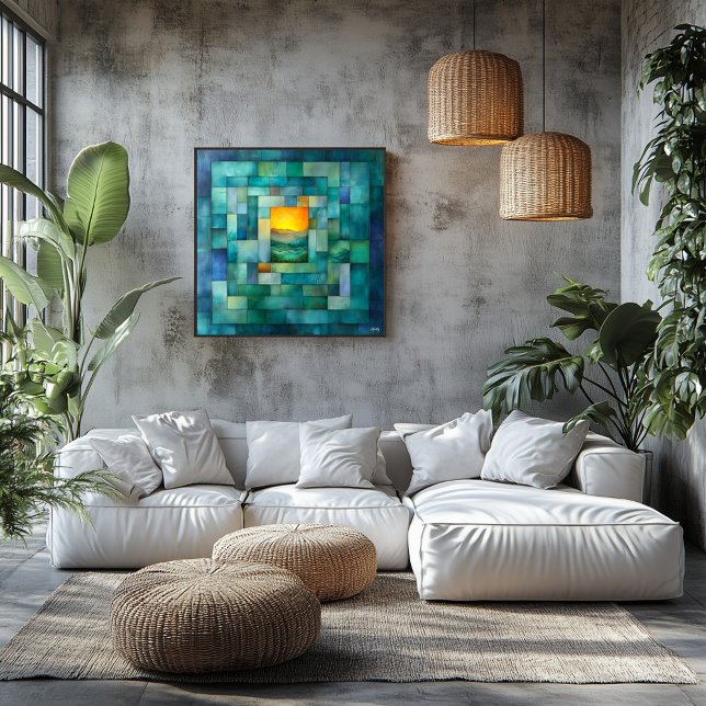 Geometric Landscape Art – Teal and Gold Sunset Poster (Creator Uploaded)