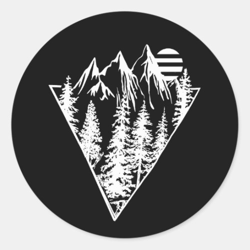 Geometric landscape of pine trees and mountain classic round sticker