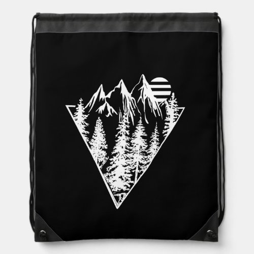 Geometric landscape of pine trees and mountain drawstring bag