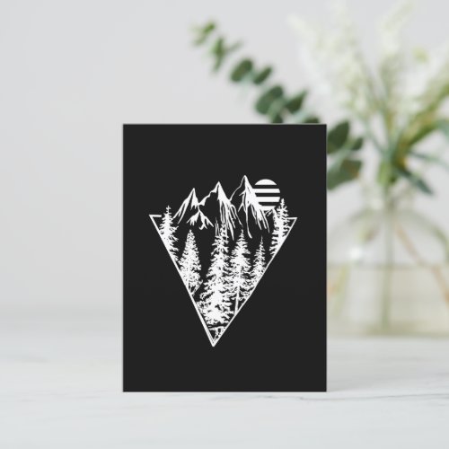 Geometric landscape of pine trees and mountain postcard