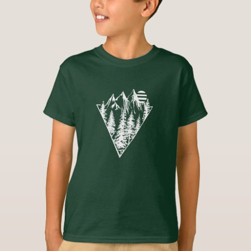 Geometric landscape of pine trees and mountain T_Shirt