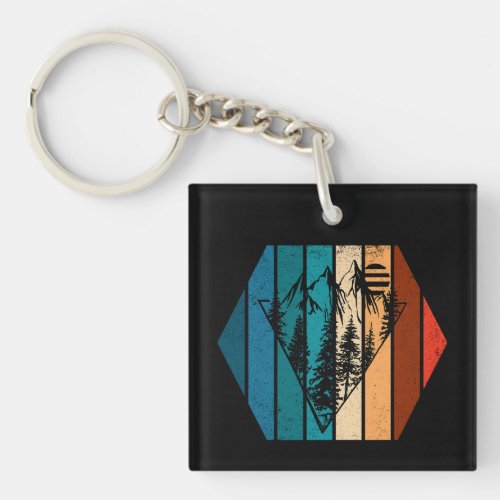 Geometric landscape pine trees and mountain keychain