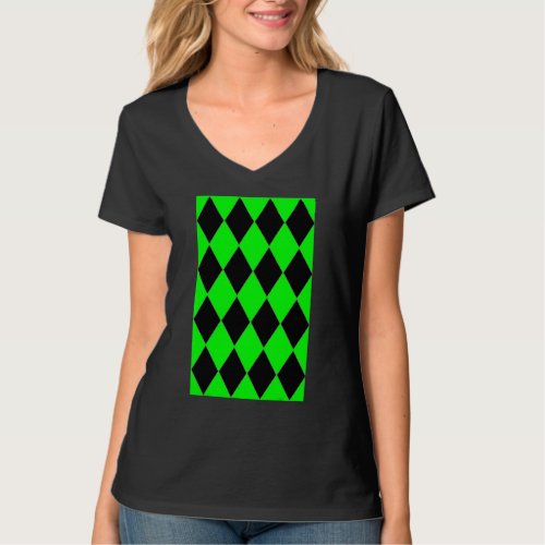 Geometric Large Harlequin Pattern Green And Black T_Shirt
