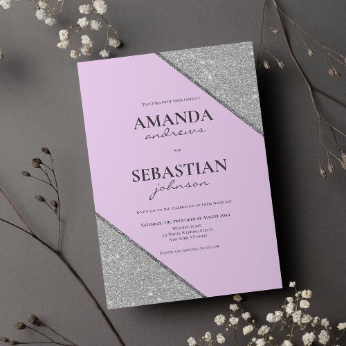 Geometric lavender silver glitter luxury wedding invitation
