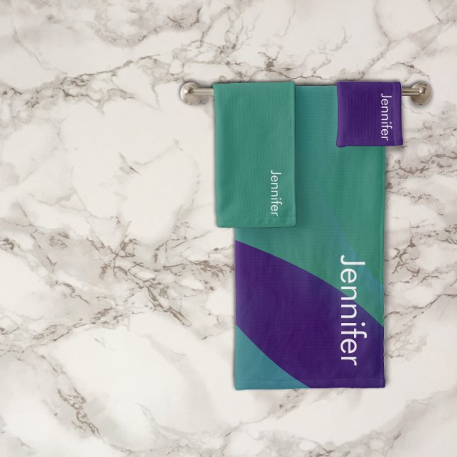 Geometric  lavender  turquoise violet with name bath towel set (Creator Uploaded)