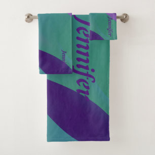 Geometric  lavender  turquoise violet with name bath towel set