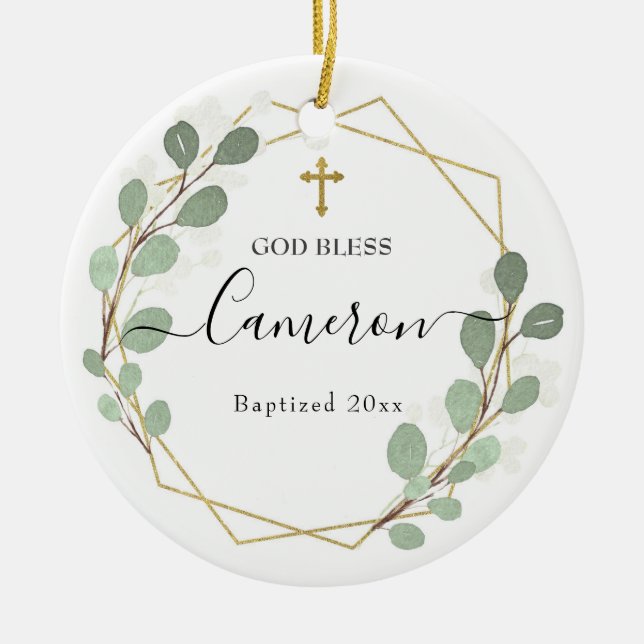 Geometric Leaf Greenery Baptized Ceramic Ceramic Ornament (Front)