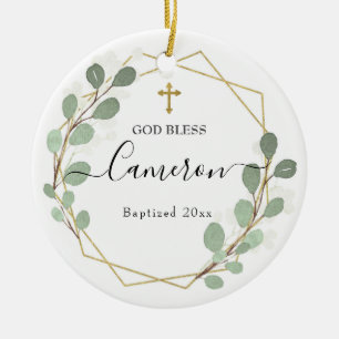 Geometric Leaf Greenery Baptized Ceramic Ornament