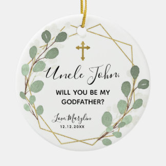Geometric Leaf Greenery Will you be Godmother Ceramic Ornament