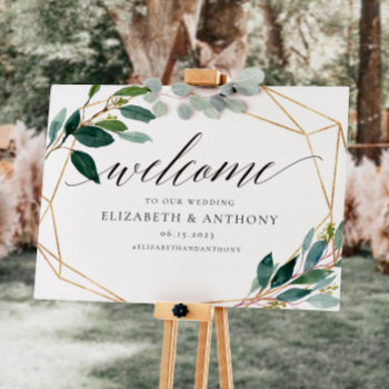 Geometric Leafy Welcome Wedding Sign by Precious_Presents at Zazzle