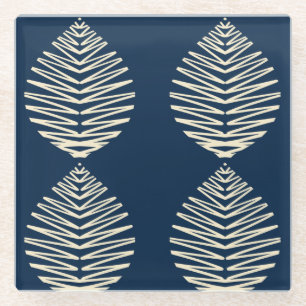 Geometric Leaves Navy & Beige Glass Coaster