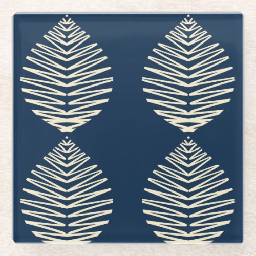 Geometric Leaves | Navy & Beige Glass Coaster