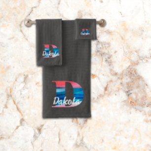 Geometric letter D coral pink monogram dark grey Bath Towel Set