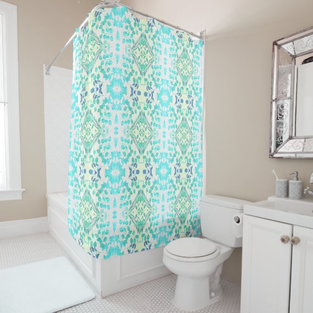 GEOMETRIC LIGHT BLUE & GREEN LEAVES PATTERN SHOWER CURTAIN (In Situ)