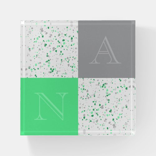 Geometric Light Green Grey Terrazzo Monogram Paperweight