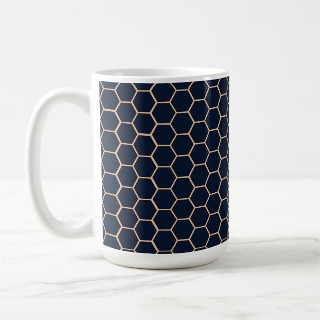 Geometric Light Yellow on Dark Blue Hexagon Coffee Mug (Left)
