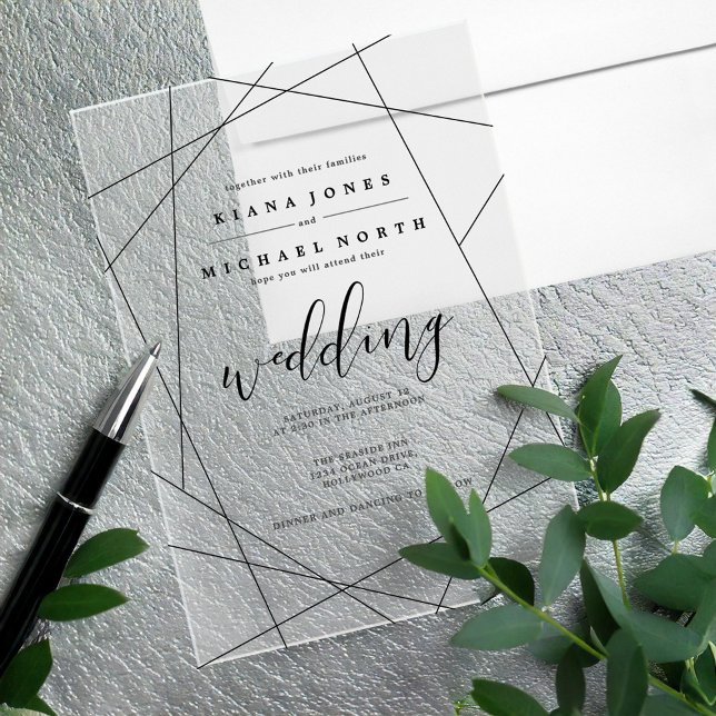 Geometric Line Art Wedding Silver/Black ID648 Acrylic Invitations (Creator Uploaded)