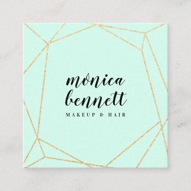 Geometric lineart chic gold glitter mint green square business card (Front)