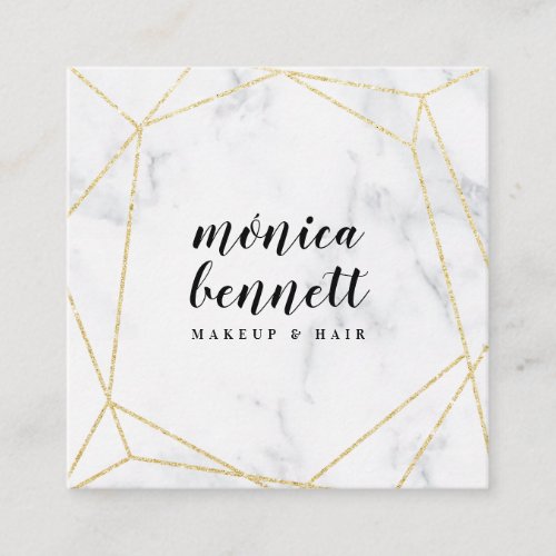 Geometric lineart chic gold glitter white marble square business card