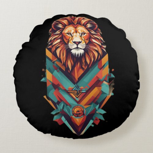 Geometric Lion Emblem Design Round Pillow