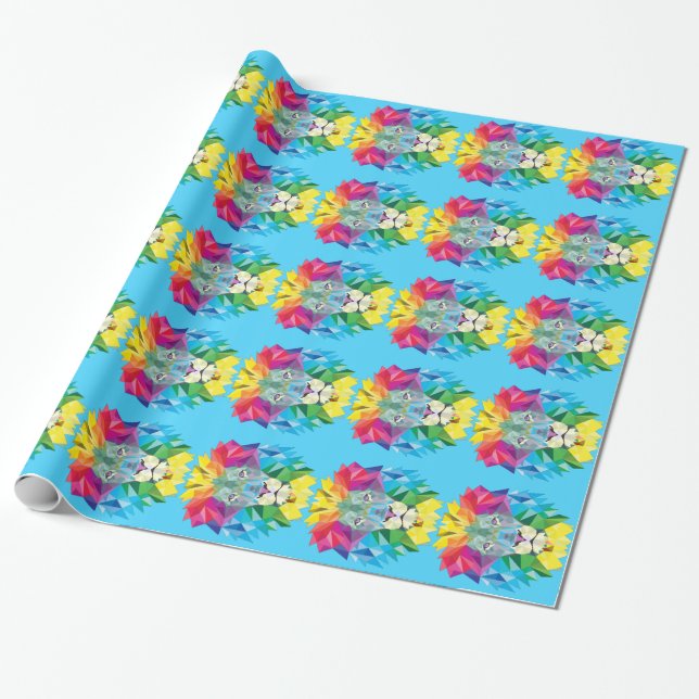 Geometric Lion Head Blue Wrapping Paper (Unrolled)