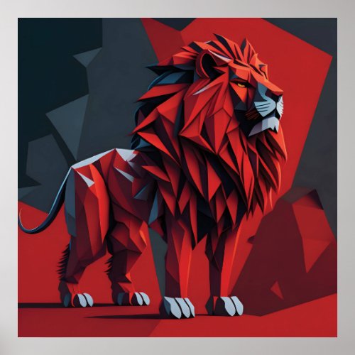 Geometric Lion Red Poster