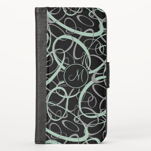 Geometric loopy pattern grayed jade black monogram iPhone wallet case (Front)