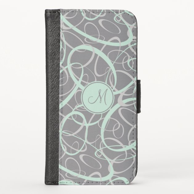 Geometric loopy pattern mint gray monogram iPhone wallet case Zazzle