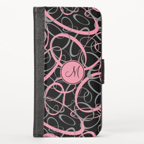Geometric loopy pattern pink gray black monogram iPhone x wallet case