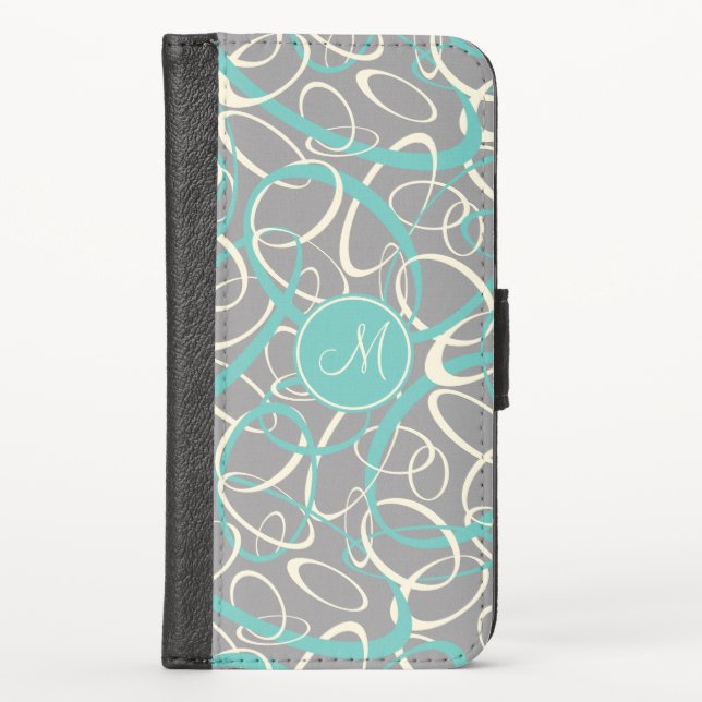 Geometric loopy pattern teal white gray monogram iPhone wallet case (Front)