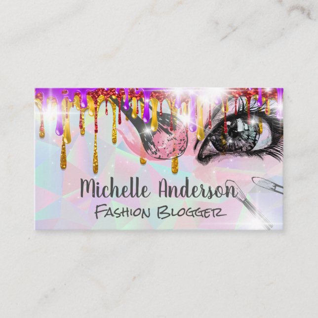 Geometric | Makeup Brushes Glitter Drip | Sparkle Business Card (Front)