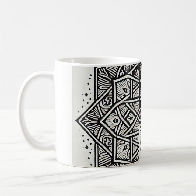 "Geometric Mandala Art Mug - Unique Black & White  (Left)