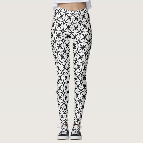 Geometric Mandala Flower Black and White Leggings