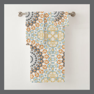 Geometric Mandala in Orange, Gray, and Blue Bath Towel Set