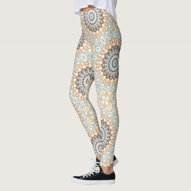 Geometric Mandala in Orange, Gray, and Blue Leggings (Left)
