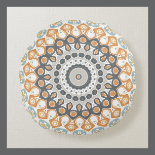 Geometric Mandala in Orange, Gray, and Blue Round Pillow