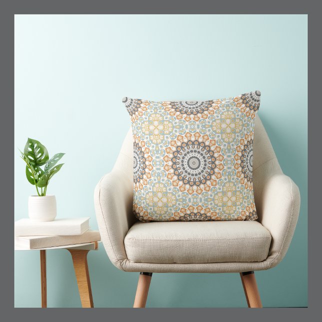 Geometric Mandala in Orange, Gray, and Blue Throw Pillow (Creator Uploaded)