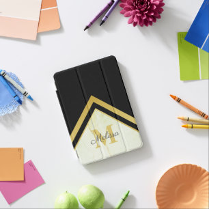 Geometric Marble Black Gold Monogram iPad Mini Cover