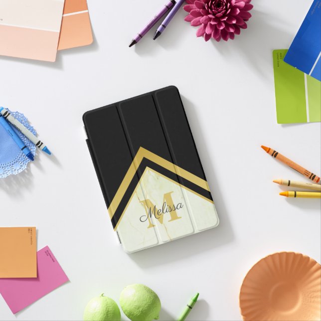 Geometric Marble Black Gold Monogram iPad Mini Cover (In Situ)