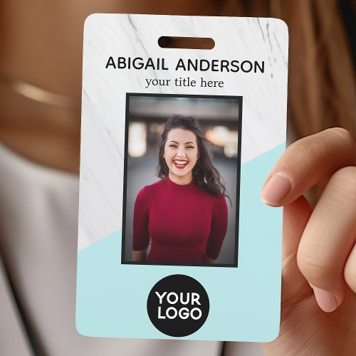 Geometric Marble Modern Blue Photo Id Work Badge