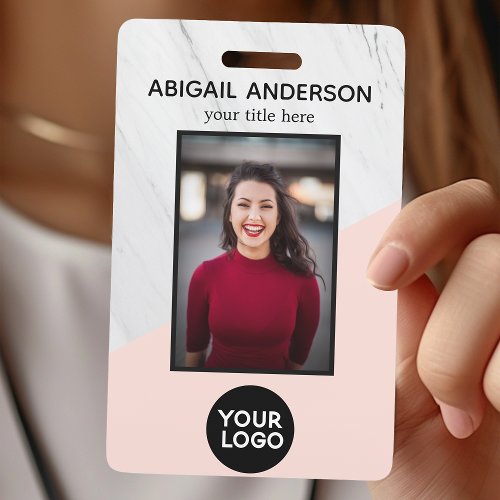 Geometric Marble Modern Blush Pink Photo Id Work Badge