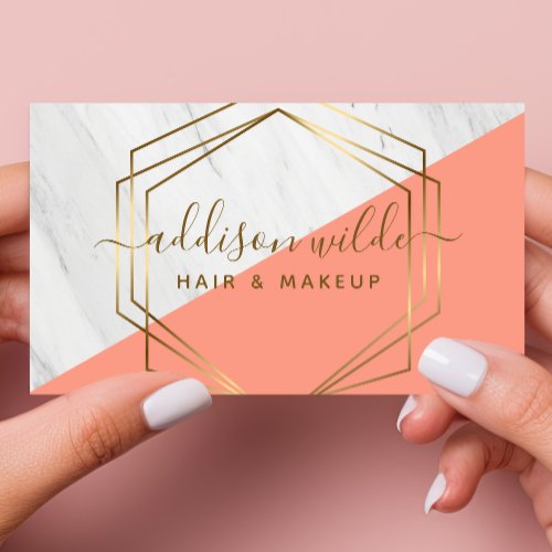 Custom Business Cards 12 Geometric Marble Modern Peach Gold Trendy Chic Business Card