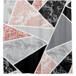 Geometric Marble with Pink Glitter: Seamless Shower Curtain
