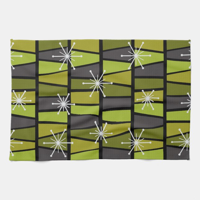 Geometric MCM Abstract Olive Green Kitchen Towel (Horizontal)