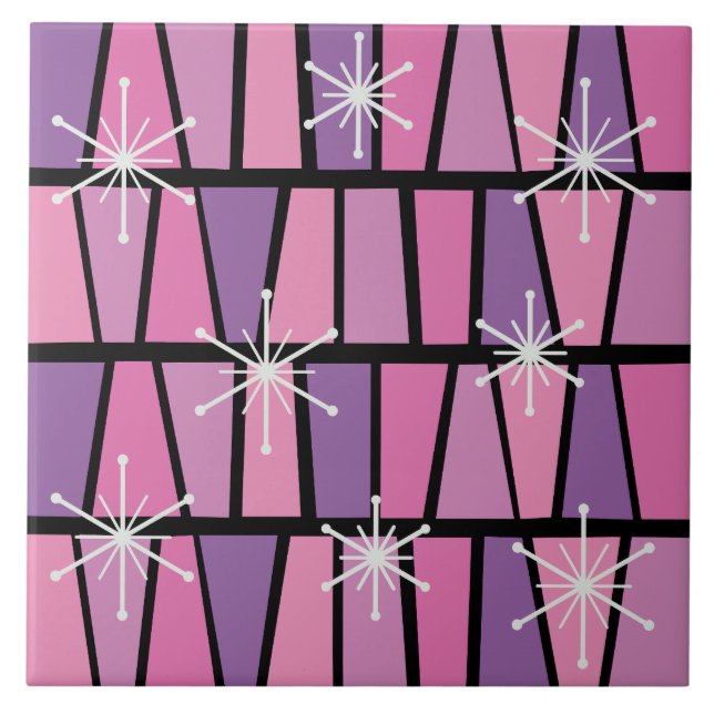 Geometric MCM Abstract Pink Purple Ceramic Tile (Front)