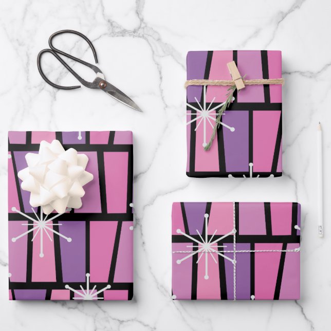 Geometric MCM Abstract Pink Purple Wrapping Paper Sheets (Front)