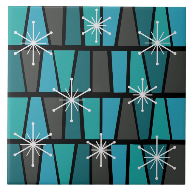 Geometric MCM Abstract Turquoise Teal Ceramic Tile (Front)