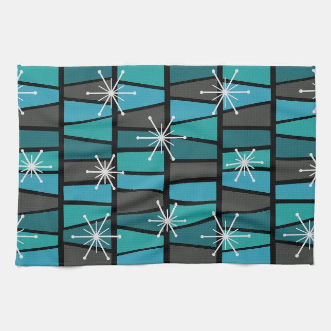 Geometric MCM Abstract Turquoise Teal Kitchen Towel (Horizontal)