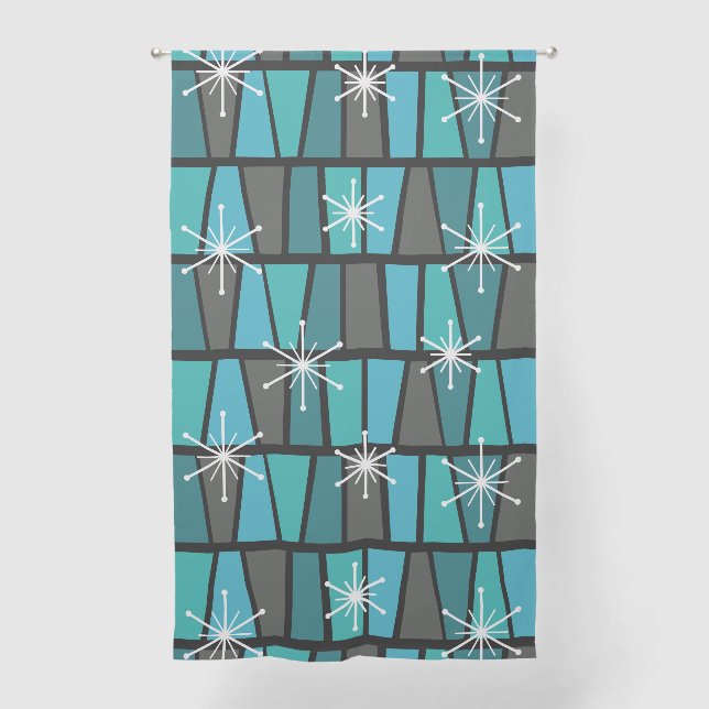 Geometric MCM Abstract Turquoise Teal Sheer Curtains (Front)